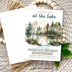 Invito di compleanno con acquerello sul lago, invito di compleanno modificabile sul lago, festa a tema lago, invito di compleanno sull'acqua, festa di compleanno sul fiume