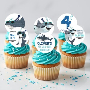 Bewerkbare haaiencupcaketoppers | Verjaardagsfeestje oceaan oceaan (pdf-patroon)