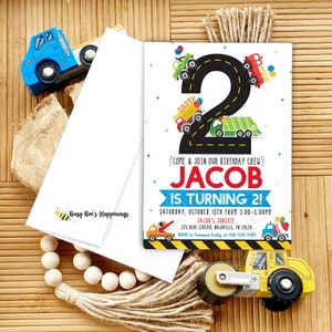 Transportation Second Birthday Party Invitation, Truck Birthday, Turning 2 car invite, Vehicle Birthday, Firetruck, Trash Truck, Dump truck