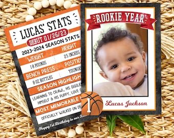 May include: A black and white basketball themed birthday card with a photo of a baby boy. The card has the text "Lucas' Stats" and "Rookie Year" with a basketball graphic and the text "Lucas Jackson".