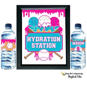 Étiquettes modifiables de bouteille d'eau de fête d'anniversaire de goutte à goutte, étiquettes d'eau numériques d'anniversaire de baseball, paquet de centre d'hydratation de sports de goutte de crème glacée