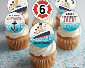 Décoration pour cupcakes d'anniversaire Titanic : fête sur un bateau de croisière vintage (modifiable)