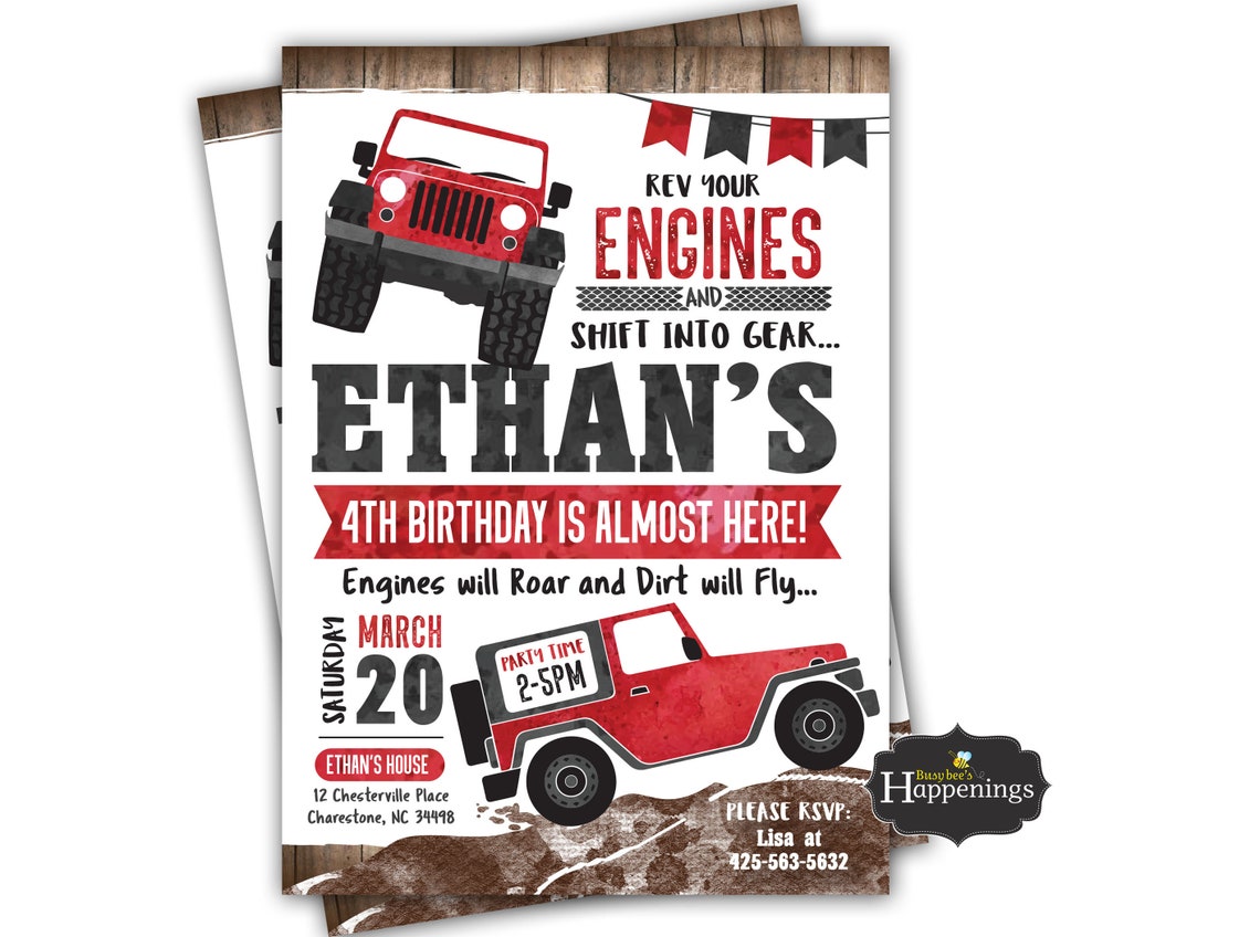Jeep Birthday Invitation Truck Invitation Boy Birthday Monster Etsy