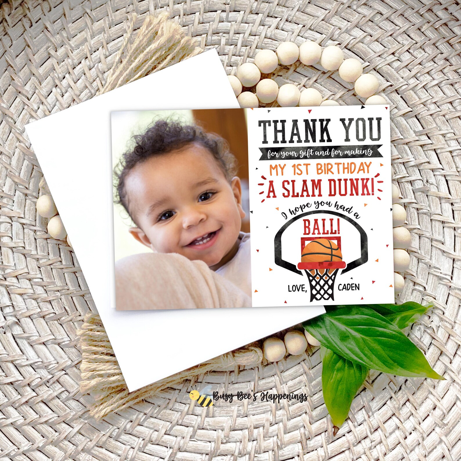 Basketball 1st Birthday Photo Thank You Card: Photo Sports Theme ...