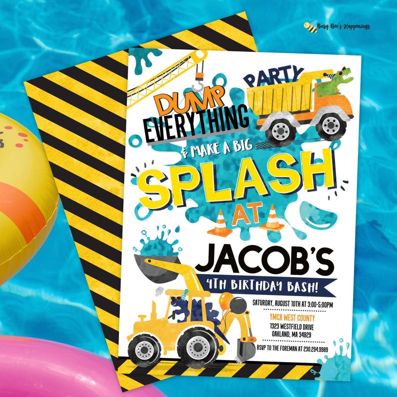 Construction Dinosaur Splash Birthday Invitation: Editable Pool Party (Digital Download)