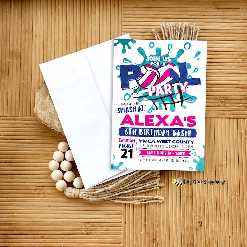 Volleyball Pool Birthday Party Invitation, Pink Editable Water Volleyball Invite, Outdoor Sand Volleyball Pool Party, Girl Sports Invite