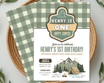 ONE Happy Camper 1st Birthday Invitation | Woodland Camping Party Invite (Digital Download)