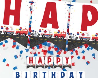 "Wimpelkette ""Wimpelkette"" zum Geburtstag, Feuerwehr, Polizei, Krankenwagen Dekoration (Digitale Datei)"