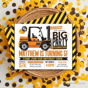 Forklift Construction Birthday Invitation, Kids Party Invite (Editable Template)