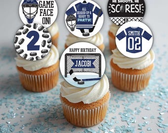 Hockey Birthday Cupcake Toppers: Personalized Sports Skating Party Decorations (Digital File)