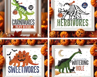 Halloween Dinosaur Birthday Food Signs: Halloween Party Decor (JPEG or PDF Download) T-Rex, Stegosaurus