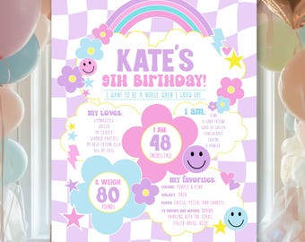 Cloud 9 Birthday Milestone Sign: Retro Checkered Smiley Face Decor (Digital Download)