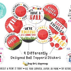 Kickball Cupcake Toppers Dodge Ball Cupcake Toppers Kickball Birthday Dodgeball Birthday KickBall Sticker Digital File Busy bee&#39;s Happenings