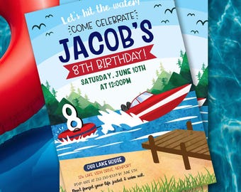 Lake House Birthday Invitation, Tubing Boating Party, Summer Water Sports (Digital or Printed)