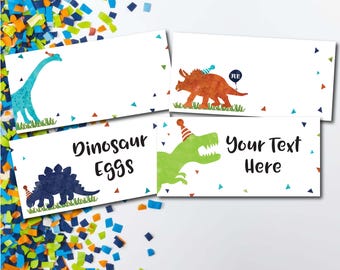 Etiquetas para comida de cumpleaños con diseño de dinosaurios en acuarela: etiquetas editables (archivo digital)