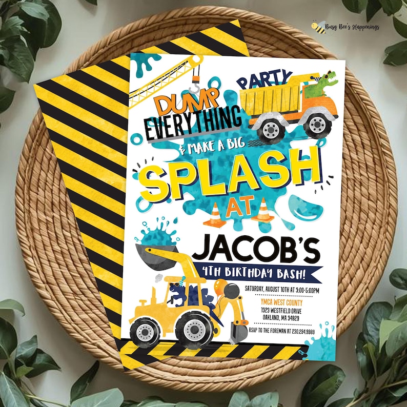 Construction Dinosaur Splash Birthday Invitation: Editable Pool Party (Digital Download)