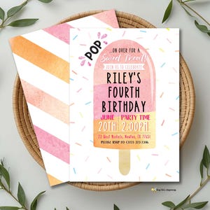 Popsicle Birthday Invitation, Editable Swim Party Invite, Pop On Over, Chill With Us Birthday Party, Pink Girl Popsicle Ice Cream Party