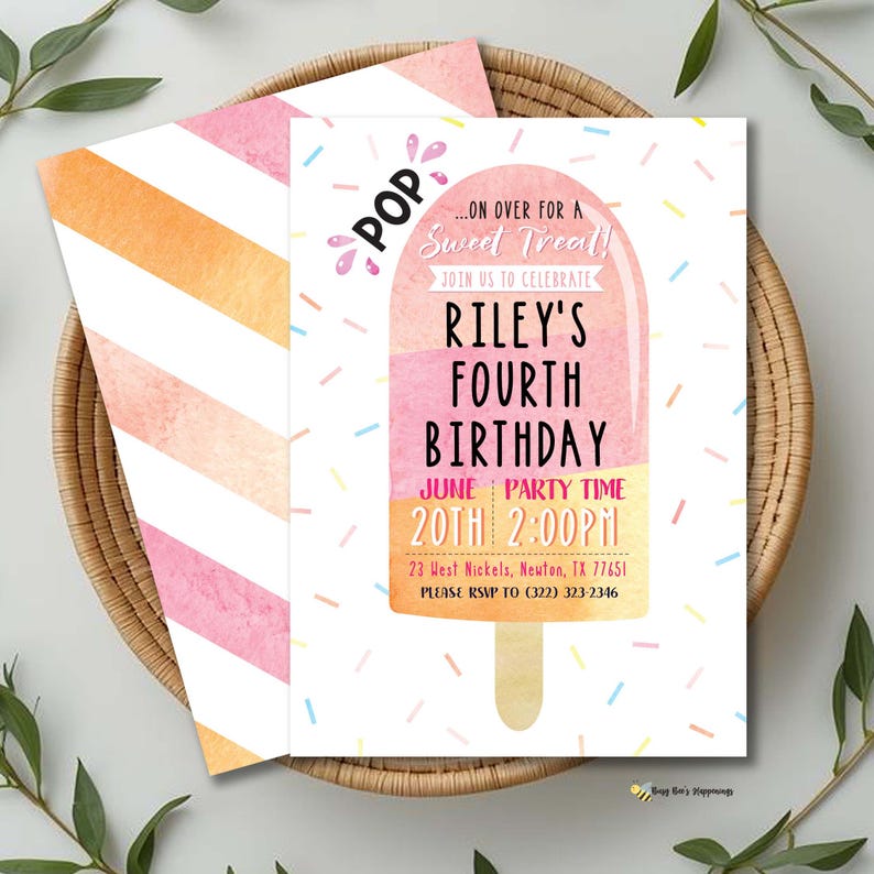 Popsicle Birthday Invitation, Editable Swim Party Invite, Pop On Over, Chill With Us Birthday Party, Pink Girl Popsicle Ice Cream Party