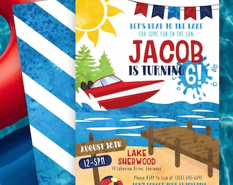 Speedboat Birthday Invitation with Photo, Lake Boat Party Invite (Editable) Digital or Printed
