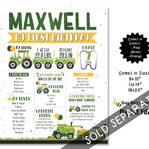 Puede incluir: Un cartel imprimible para el primer cumplea&ntilde;os con tem&aacute;tica de tractores, en verde y amarillo, con el nombre Maxwell. El cartel incluye detalles como el peso, la altura y la cantidad de dientes. Tambi&eacute;n enumera los alimentos, canciones, juguetes, libros y programas favoritos. El cartel est&aacute; disponible en rojo, verde y naranja.