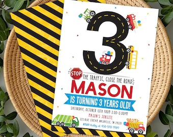 May include: A birthday party invitation with a road-themed design. The number 3 is formed by a road with toy vehicles. The invitation reads "MASON IS TURNING 3 YEARS OLD!" and includes party details.