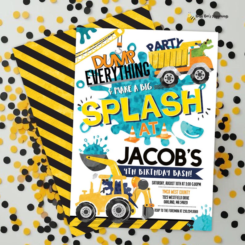 Construction Dinosaur Splash Birthday Invitation: Editable Pool Party (Digital Download)