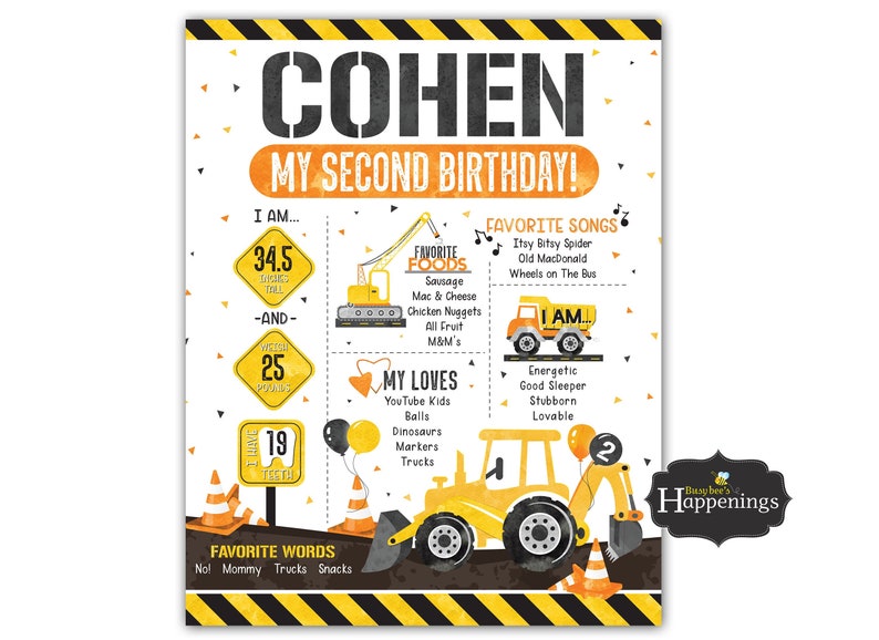 Construction Birthday Construction Milestone Sign Construction Birthday Stats Construction Party Sign Digital File Busy bee/'s Happenings