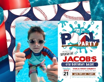 Baseball Pool Party Invitation, Summer Birthday Invite, Photo Splash Bash (Digital or Print)