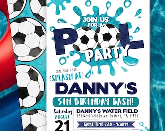 Soccer Pool Birthday Invitation, Soccer Splash Party Invite, Soccer Birthday Party, Pool Party Invitation, Sports Birthday, Editable Invite