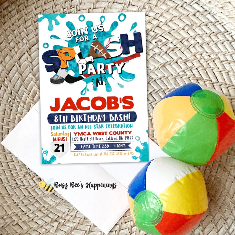 Sports Splash Water Birthday Party Invitation, Sports Splash Party, Outdoor Summer Sports water, Sports Invite, Basketball, Hockey, Baseball