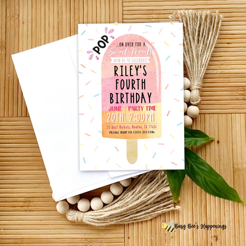 Popsicle Birthday Invitation, Editable Swim Party Invite, Pop On Over Chill With Us Birthday Party, Pink Girl Popsicle Ice Cream Party