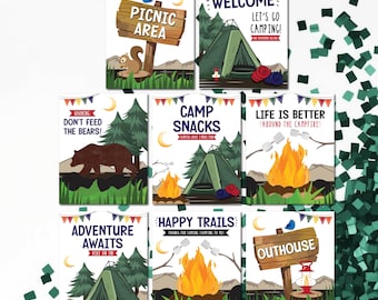 Welkomstbord voor een kampeerverjaardag | Feestdecoratie voor een vrolijk kampeerfeest (printbaar en te downloaden)
