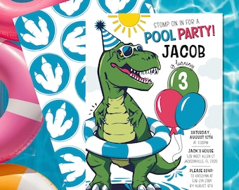 T-Rex Pool Birthday Party Invitation: Dinosaur Birthday, Editable Invite