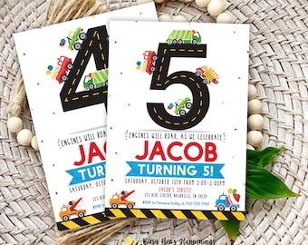 May include: Two white rectangular birthday party invitations featuring a large black number five designed as a road with construction vehicles, colorful balloons, and confetti. The text reads: Engines will roar, as we celebrate Jacob turning 5!