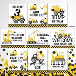 Könnte beinhalten: Neun Schilder zum Thema Bau mit schwarz-gelben Streifen. Schilder enthalten Texte wie "Speed Limit 3", "Add Your Text Here", "Party Dump Gifts Here", "Hydration Station", "Builder's Fuel Station", "Welcome", "Caution Kids at Play", "Sweet Zone Dig In" und "Fuel Up".
