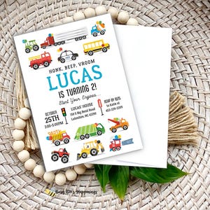Editable Transportation Birthday Invitation, Car Birthday Invite, TRUCK theme party, Toy Vehicle Party Decor, modern transportation invite
