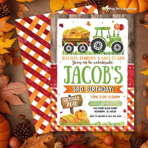 Green Tractor Fall Birthday Invitation, Pumpkin Patch Birthday Invite, Farm Birthday Party, Boy Tractor Invite, Autumn Birthday Editable