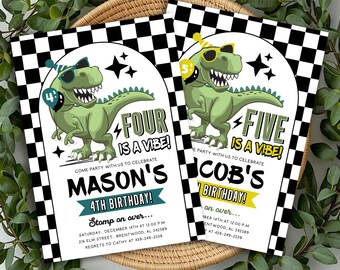 Five is a vibe dinosaur birthday invitation : Editable Retro Boy T-Rex Birthday Invite, Four is a Vibe T-rex