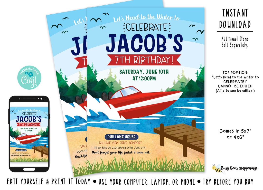 Boat Birthday Invitation Boat Birthday Lake Birthday Invitation