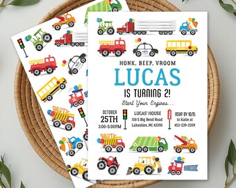 May include: A white birthday invitation card featuring colorful illustrations of various vehicles including trucks, a school bus, and a police car. The text reads: HONK, BEEP, VROOM LUCAS IS TURNING 2! Start Your Engines... OCTOBER 25TH 3:00-5:00PM.