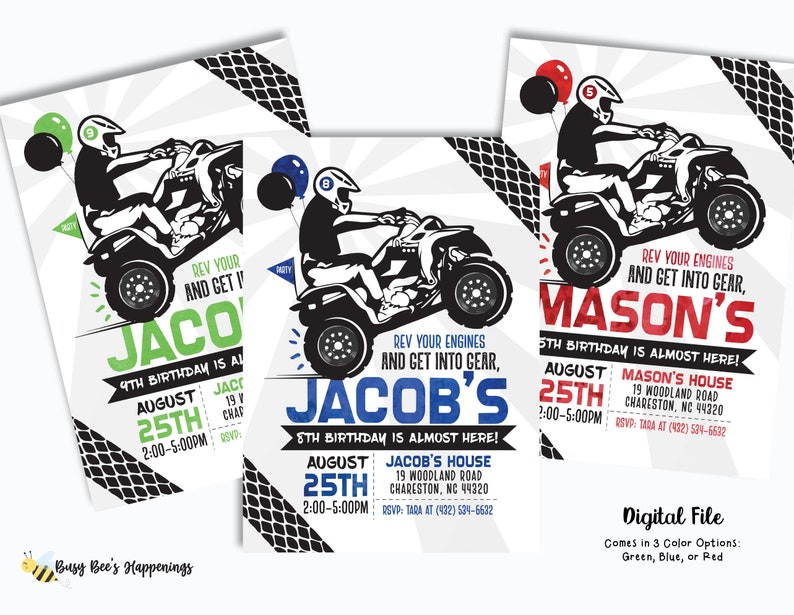 ATV Birthday Invitation 4 Wheeler Birthday Invitation Racing Birthday Invitation ATV Quad Birthday Invite Digital File Busy bee's Happenings image 1