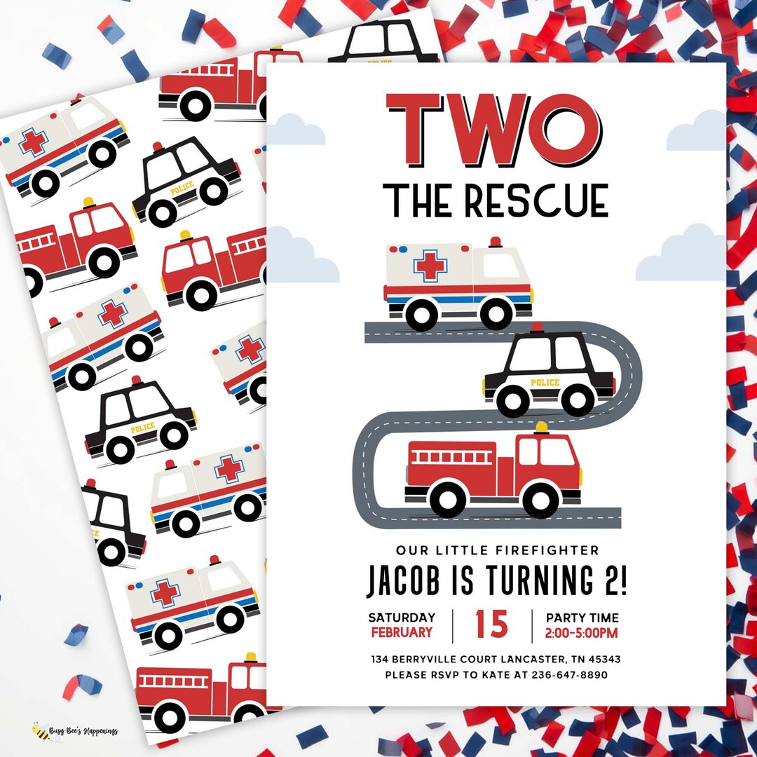 Two the Rescue Birthday Invitation | First Responders 2nd Birthday ...