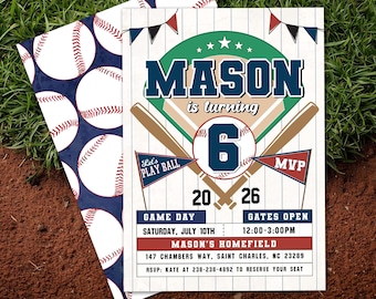 May include: Baseball-themed birthday party invitation with a baseball and bat design. The invitation features the name "MASON" and the number "6", along with event details. A matching baseball-patterned envelope is included.