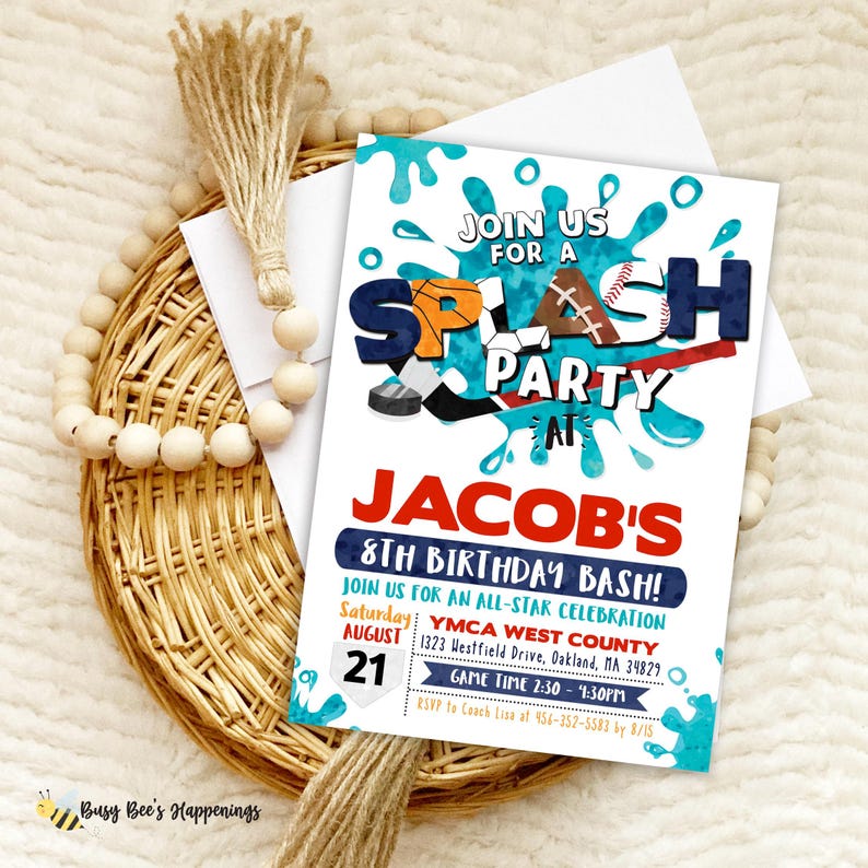 Sports Splash Water Birthday Party Invitation, Sports Splash Party, Outdoor Summer Sports water, Sports Invite, Basketball, Hockey, Baseball