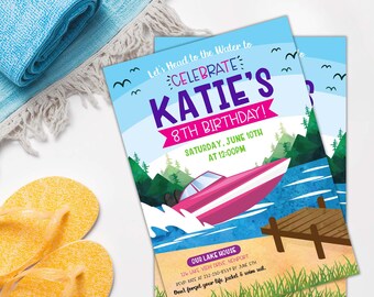 Pink Speed Boat Lake Birthday Invitation, Girl Summer Water Party (Editable Template)