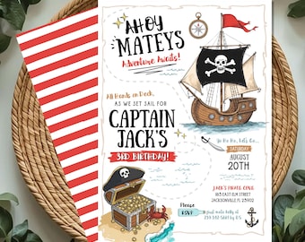 Pirate Birthday Invitation, Ahoy Mateys Pirate Party Invite, Treasure Hunt (Digital Download)