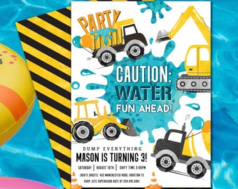 Construction Water Birthday Invitation, Digging Trucks Party Invite (Digital Download)