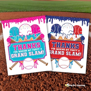 May include: Two baseball-themed party invitation cards. One card has pink accents, the other blue. Each card features baseballs as ice cream scoops, waffle cones, and the text "THANKS FOR MAKING MY PARTY A GRAND SLAM!"