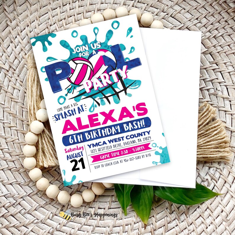Volleyball Pool Birthday Party Invitation, Pink Editable Water Volleyball Invite, Outdoor Sand Volleyball Pool Party, Girl Sports Invite