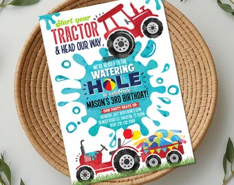 Tractor Pool Party Invitation, Watering Hole Birthday Invite, Summer Splash (Digital Download)